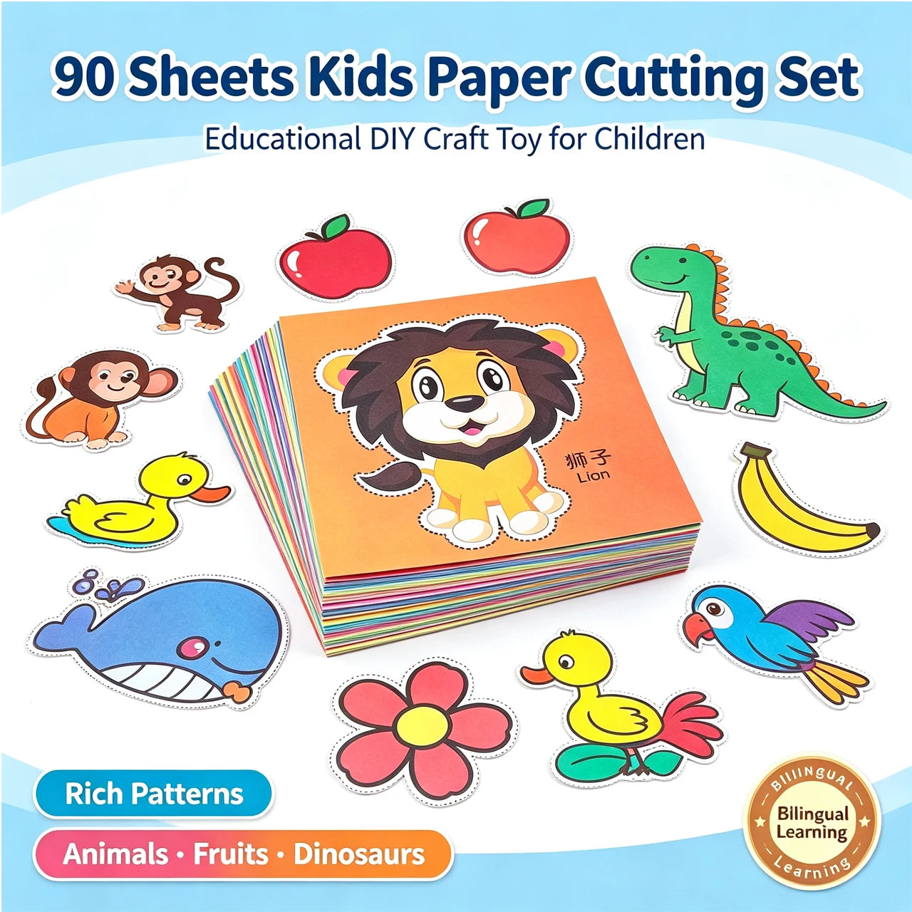 90 Sheets Kids Paper Cutting Book - Animals Fruits Vegetables DIY Educational Art Craft Fine Motor Skills Training for Preschool
