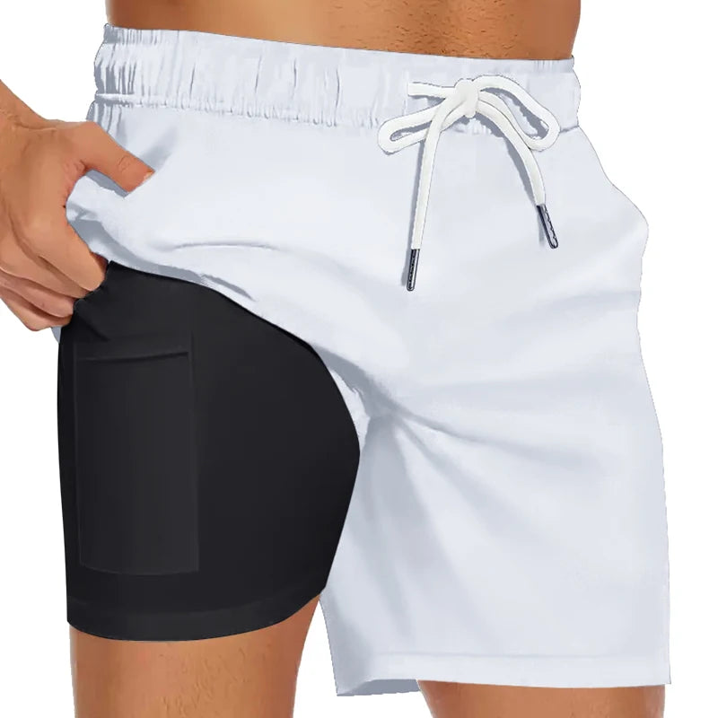 Mens Swim Trunks with Compression Liner Phone Pocket Summer Quick Dry Board Shorts Beach Shorts Swimwear Swimsuit Bathing Suits