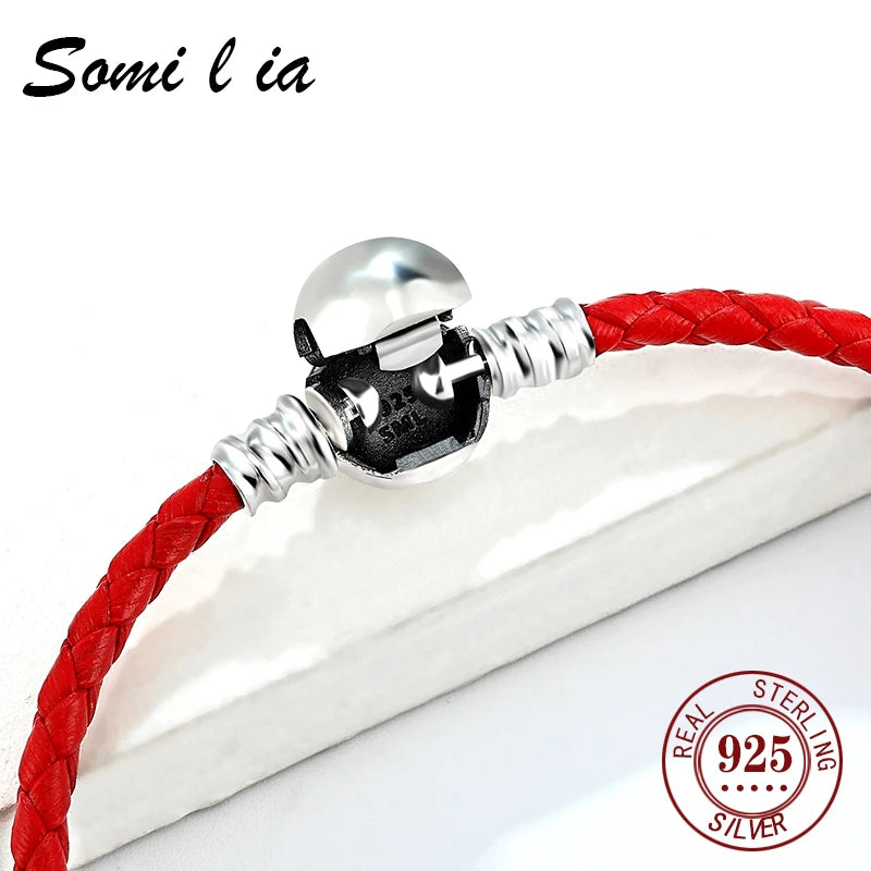 Somi lia- Genuine Ladies Classic Red Natural cowhide Bracelet For Women S925 Fit European Style Charm And Bead,Fashion Jewelry,