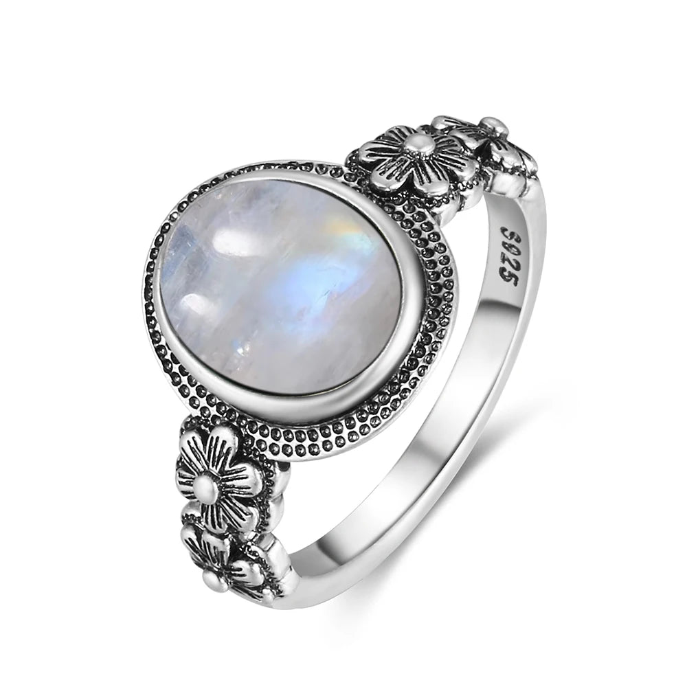 Vintage S925 Sterling Silver Rose Flower Ring With Oval 8*10mm Natural Moonstone Sweet Ring Fine Jewelry For Woman