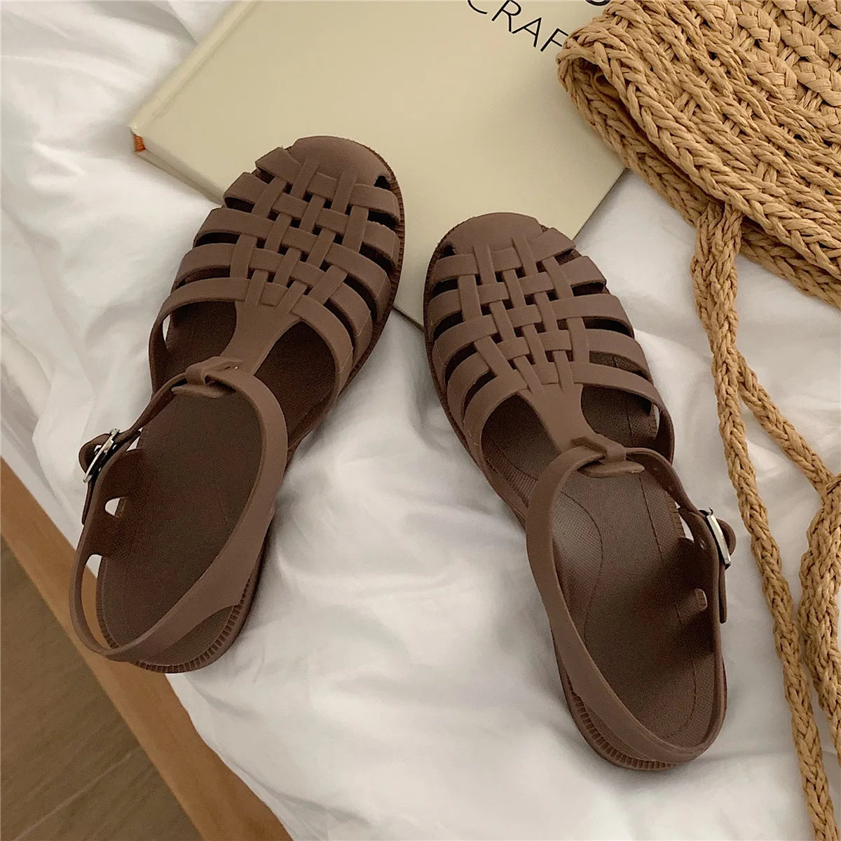 XIXITIAO Vintage Hollow Woven Roman Sandals Women Summer Korean-style INS Fairy Flat Closed-toe Jelly Beach Shoes