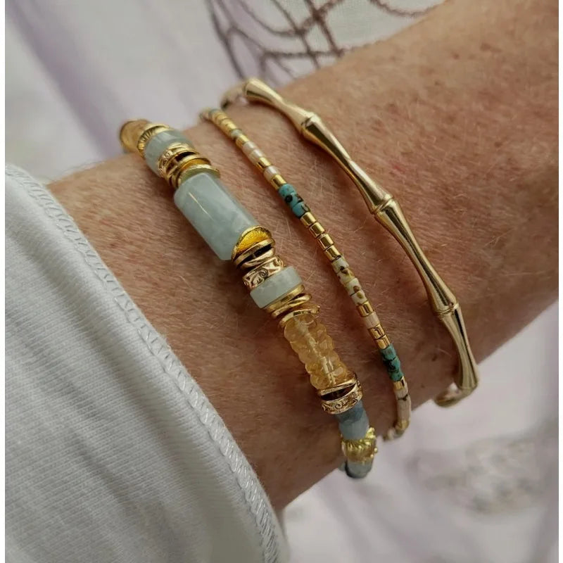 Citrine Aquamarine Bracelet For Women Adjustable Natural Stone Bracelet Cleor Mother-of-Pearl Handcrafted Jewelry