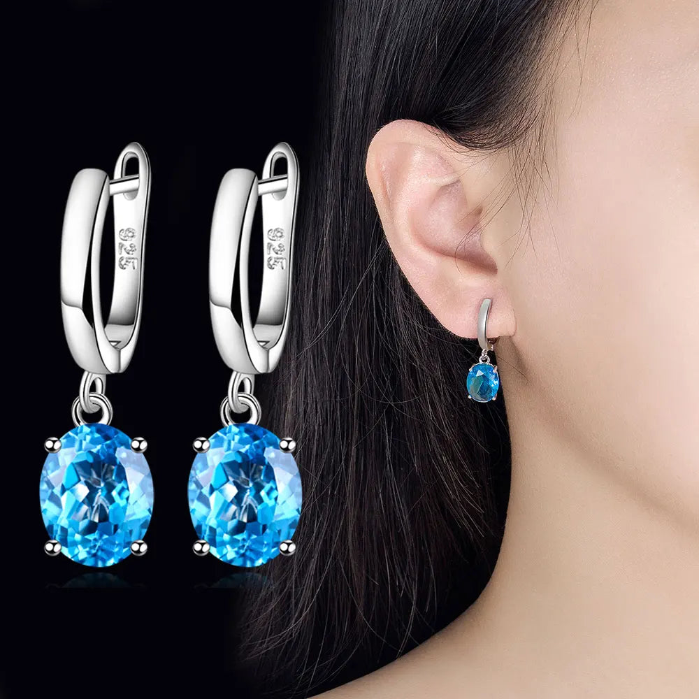 Oval Genuine Natural Blue Topaz 925 Sterling Silver Drop Earrings for Women Fashion Statement Gemstone Jewelry
