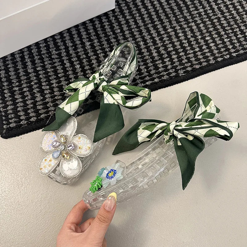 2025 Korea Style Jelly Flats Fashion Lace Band Shoes Accessories Women Loafers Hollow Square Toe Women Beach Sandals Soft Sole