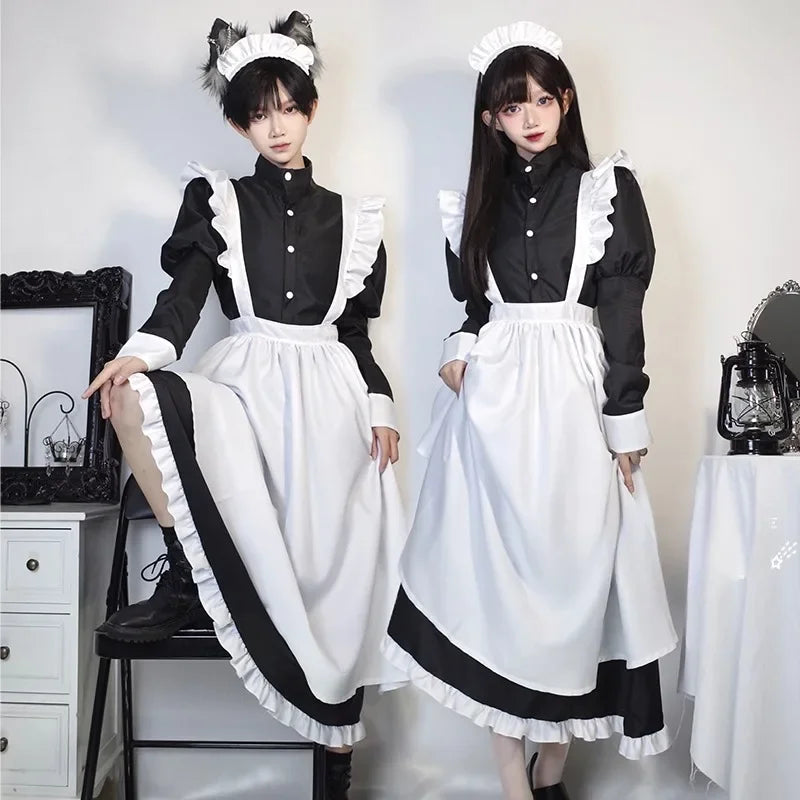 Japanese Style Maid Outfit Black White Long Dress Lolita Unisex Men Women Halloween Costume Uniform Full Set Adults Plus Size