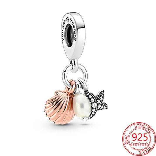 Nostalgic 925 Silver Red Dumbbells&Pink Motorcycles&Natural Pearl Shells&Hearts&Frosted Mura Charm Fit DIY Bracelet Jewelry