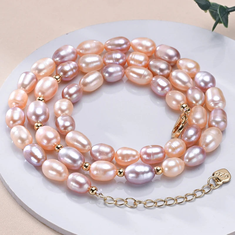 Natural Freshwater Pearls Rice Shape Multicolored Necklace Golden Beads S925 Sterling Silver Chain Fine Jewelry Gifts for Women