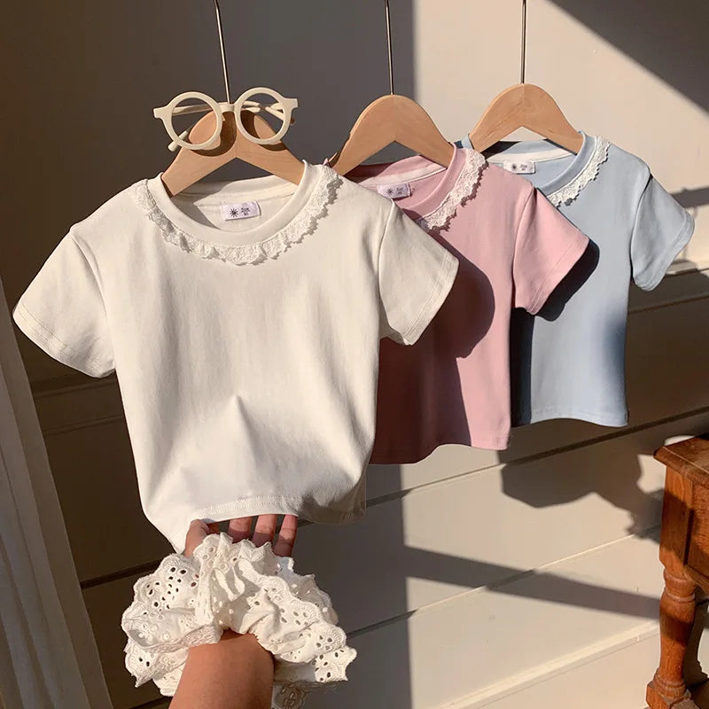 2-10T Cotton Summer Girls Top Infant T Shirt Toddler Kid Baby Clothes Short Sleeve Lace Tshirt Childrens Tee Outfit