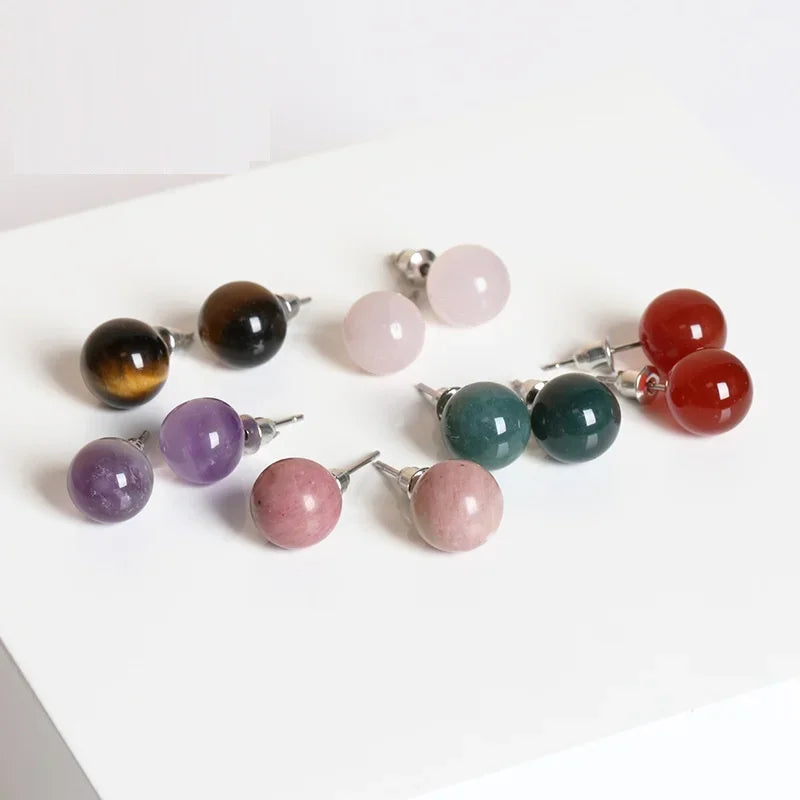 6mm 8mm 10mm Natural Agate Earrings Healing Crystal Stone Round Ball Pearl Beads Stud Fashion Jewelry for Women Girl Wholesale
