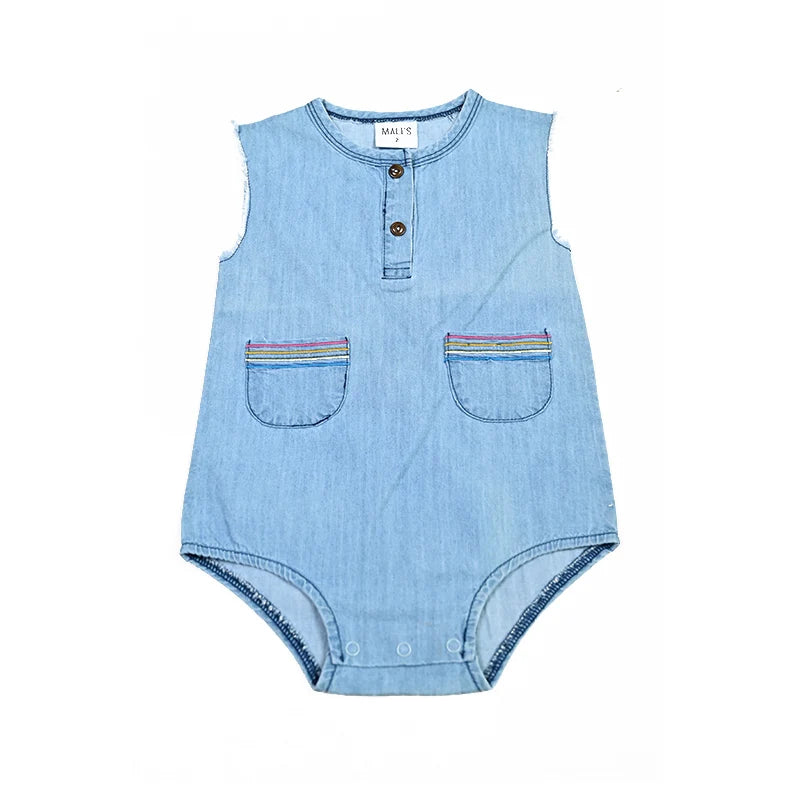 Summer kids clothes denim blue boy and girl dress t-shirt top set baby romper skirt colorful embroidery stripes children outfit