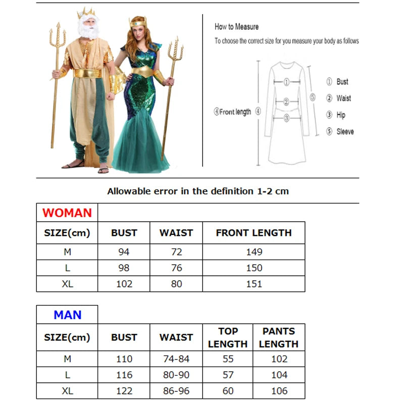 Adult Couple Poseidon Siren Costume Grecian Myth King Queen Cosplay Carnival Halloween Fancy Party Dress