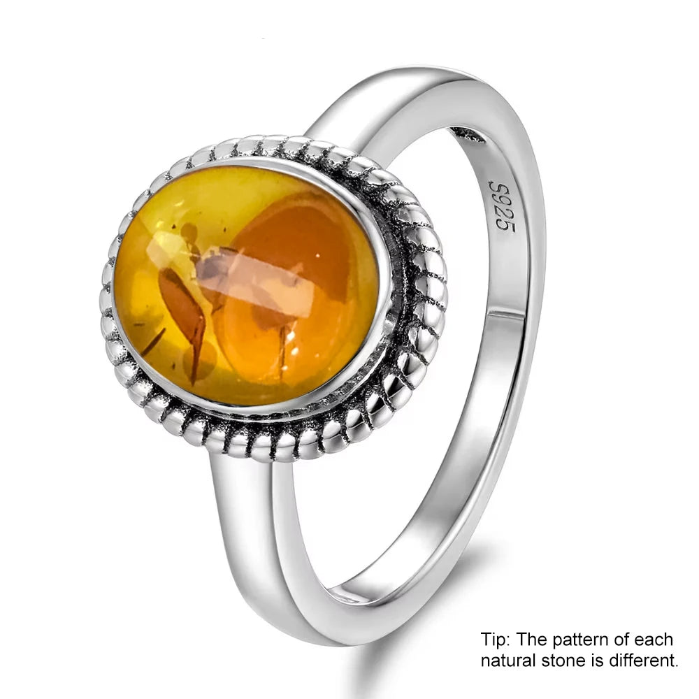 S925 Sterling Silver Ring With Natural Amber Stone Flower Shape Oval Petal Amber Stone Gifts Fine Jewelry For Women