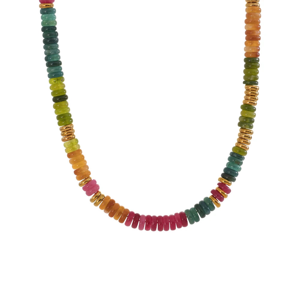 Yhpup Colorful Natural Stone Beads Handmade Chain Y2K Fashion Necklace for Women Stainless Steel Waterproof Collar Jewelry Gift