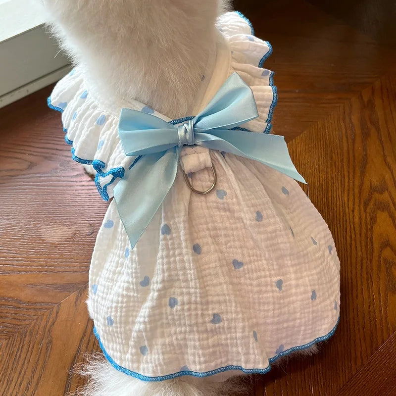 Dog Cooling Dress Summer Thin Bow Heart Print Dog Clothes Pet Skirt Kitten Puppy Costume Chihuahua Bichon Yorkie Girls Dog Vest
