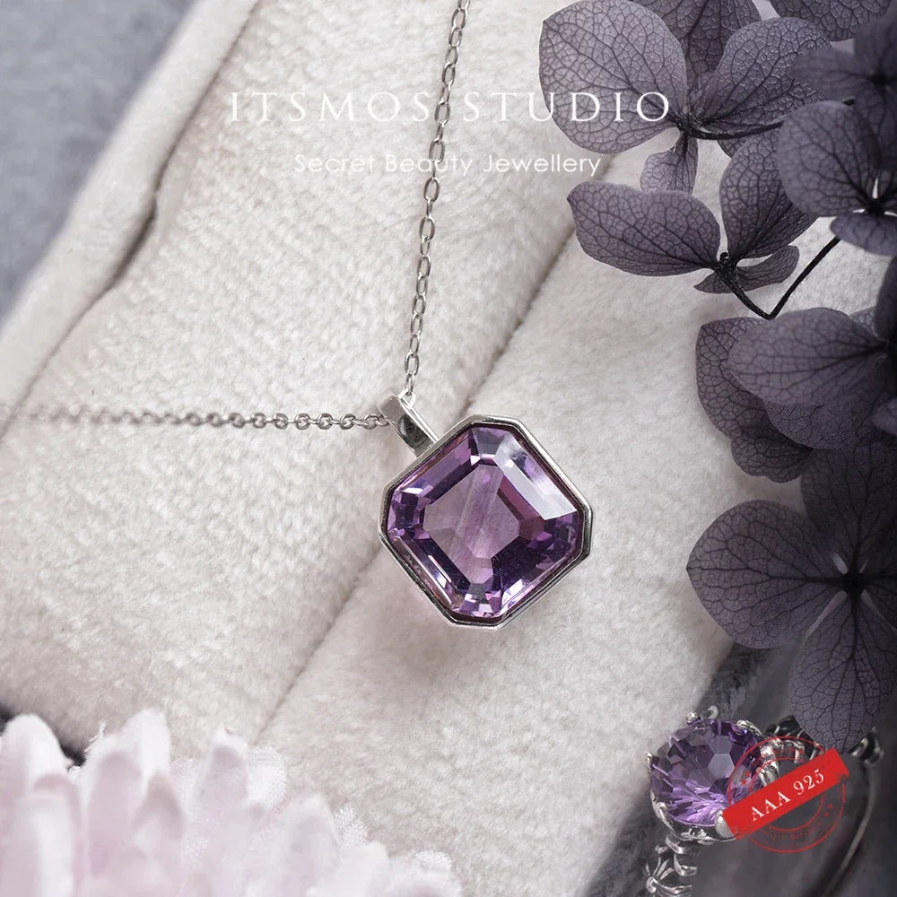 ITSMOS Amethyst Emerald Cut Pendant Necklaces s925 sterling silver Diamond Natural Crystal Necklace Vintage for Women Jewelry