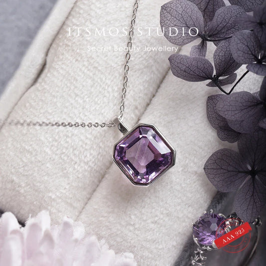 ITSMOS Amethyst Emerald Cut Pendant Necklaces s925 sterling silver Diamond Natural Crystal Necklace Vintage for Women Jewelry