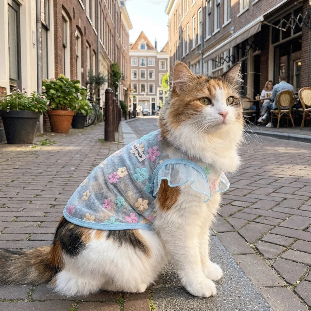 Thin Breathable Cooling Dog Vest Flying Sleeves Sunproof Cat Mesh T Shirt Lightweight Floral Print Dog Sunscreen Clothing Summer