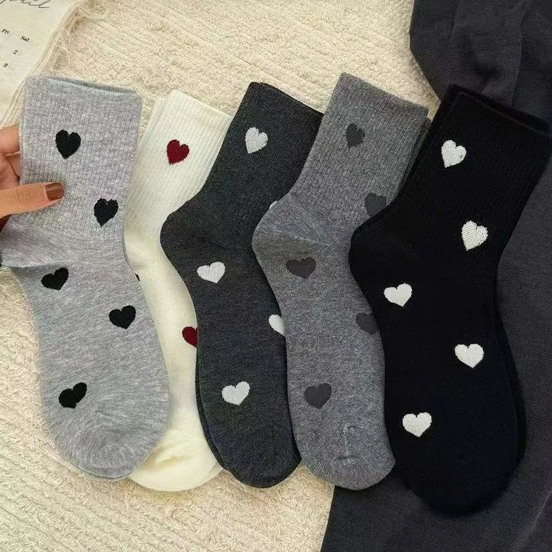 5 Pairs Women's Cute Heart Shaped Mid Tube Socks Spring and Autumn New Ins Trendy Trendy Versatile High Beauty Duty Series Socks