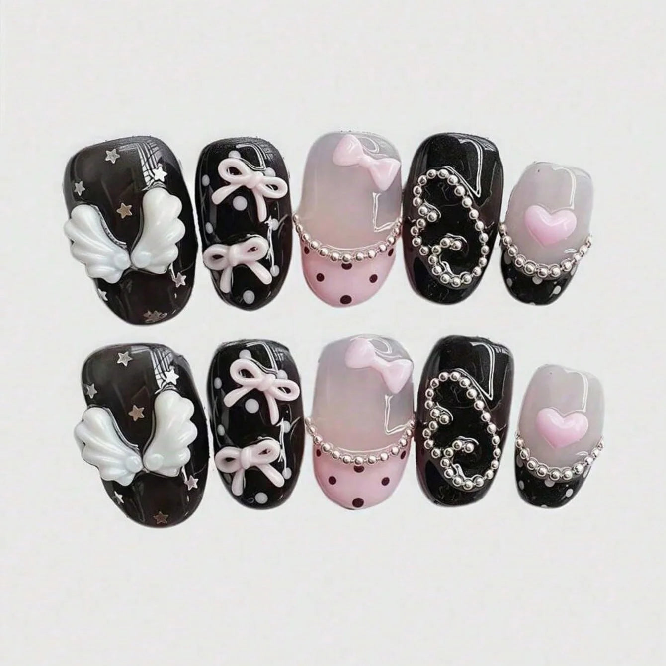 10pcs pure hand pressed short circular nail art, beautiful fake nails, sweet and cool pink bow, suitable for women to use