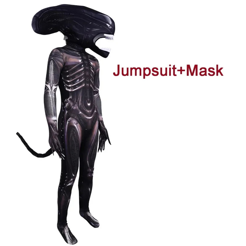 CyAlien Xenomorph Costume Kids Adult Sci-Fi Movie Romulus Head Mask Suit Scary Space Monster Outfit for Halloween Cosplay Costum