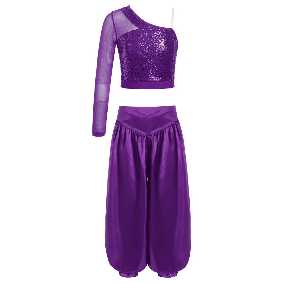 Girls Belly Dance Costume – Sequin Crop Top & Satin Harem Pants Set, Sizes 6–16