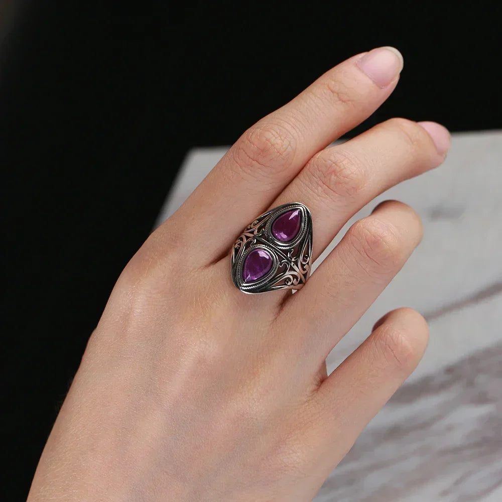 S925 Sterling Silver Vintage Ring With Natural Amethyst Two Stone Ring Waterdrop Shape Fine Jewelry Gifts for Women