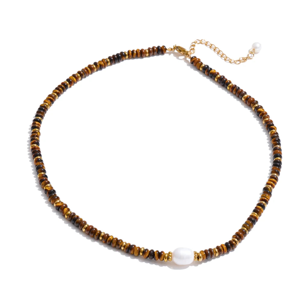 Yhpup Colorful Natural Stone Beads Handmade Chain Y2K Fashion Necklace for Women Stainless Steel Waterproof Collar Jewelry Gift