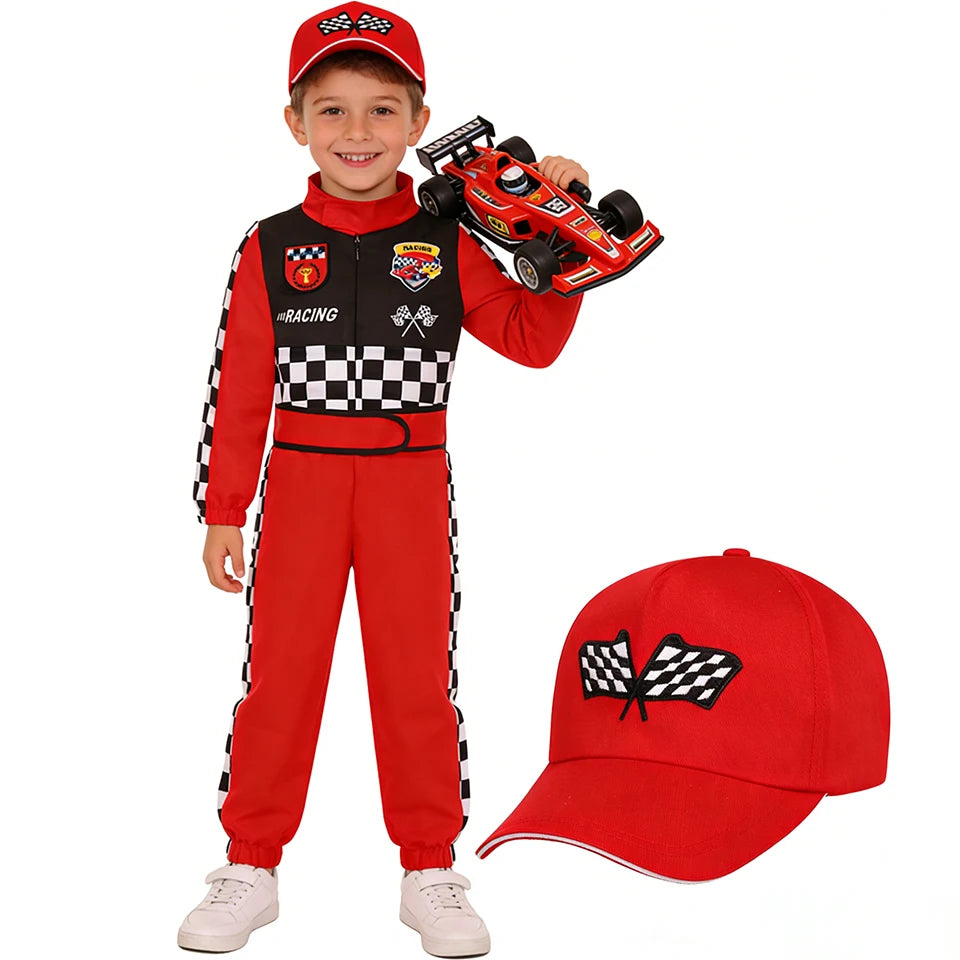 Kids Race Car Driver Costume – Checkered Jumpsuit with Cap, Sunglasses & Medal, Ages 3–10
