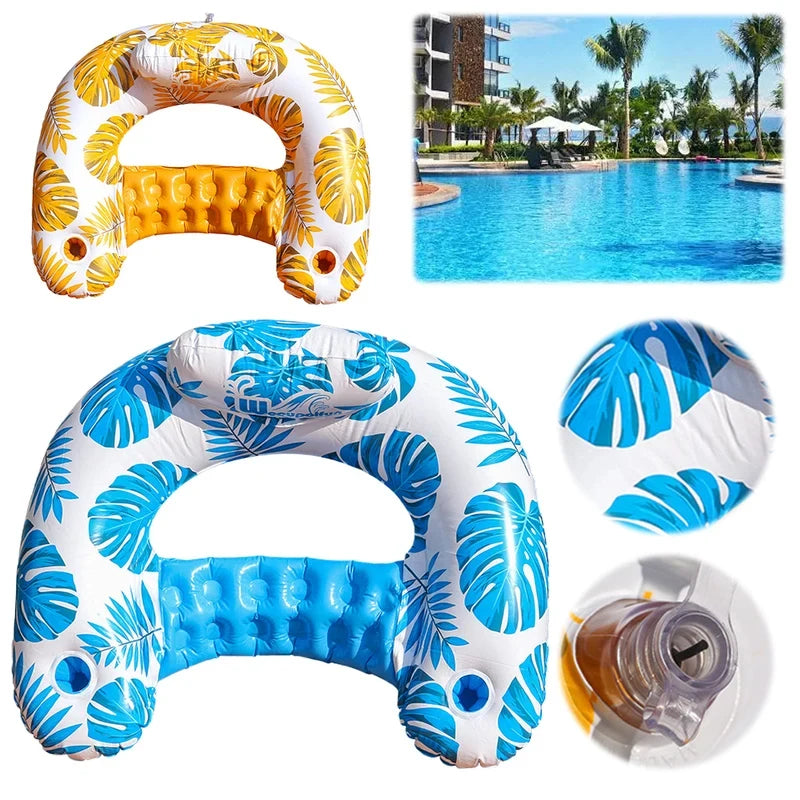 Inflatable Tropical Leaves Pool Lounger with Headrest Cup Holders Floating Raft Chair for Summer Water Fun Party