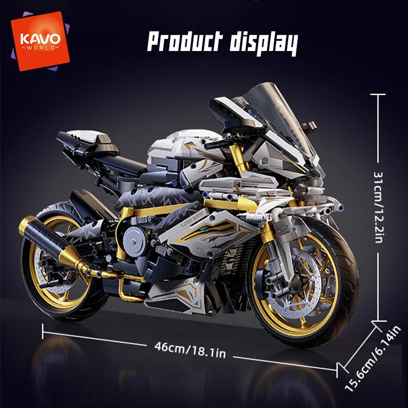 KAVOWORLD 1:5 Motorcycle Desktop Ornament Building Blocks Set 2045PCS Technic Motorbike Model Kit Sport Bike Bricks Boy Toy Gift