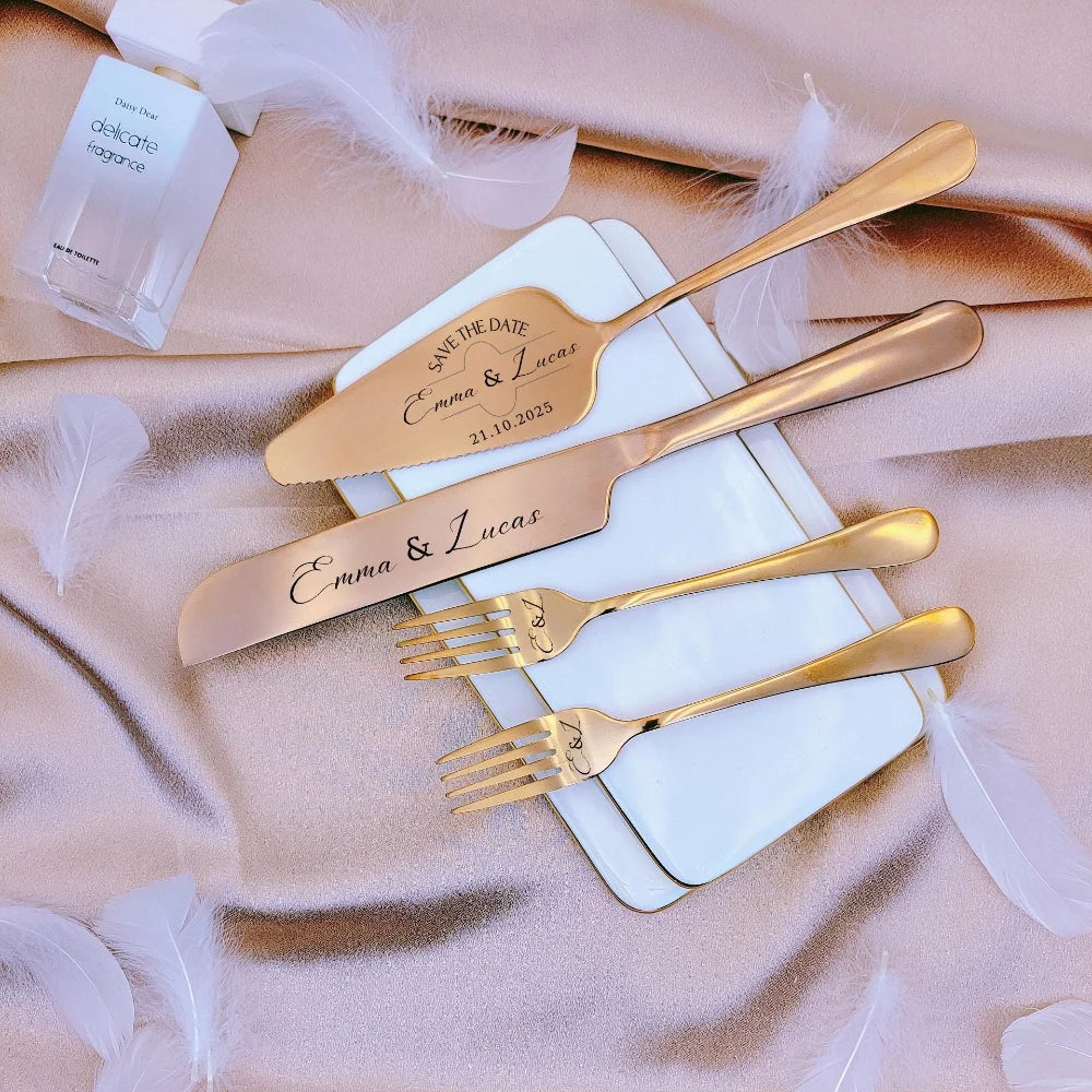 Wedding Cake Cutting Set Personalized Bride And Groom Gift Custom Fork Stainless Steel Gift Box Anniversary Engagement Decor