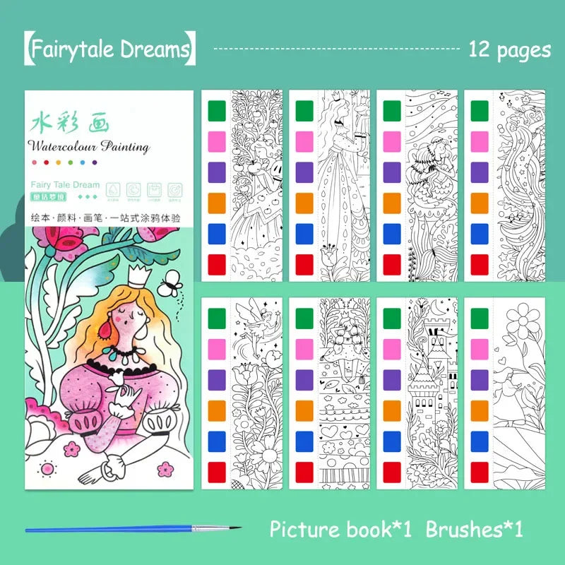 Portable Watercolor Book Set - 12 Sheets Gouache Painting with Brush, Kids Graffiti Drawing Art Stationery