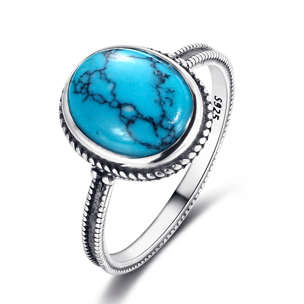 S925 Silver Oval Natural Turquoise Rings for Men Women Silver Fine Jewelry