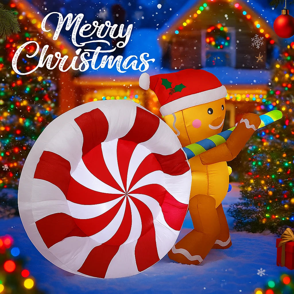 4.9FT Gingerbread Man Candy Inflatable Christmas Decoration Ornament Lights Outdoor Decoration Yard Holiday Party Decor Lawn Toy