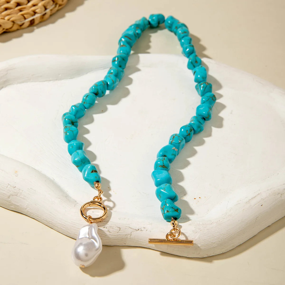 Irregular natural turquoise shaped pearl pendant necklace, handmade personalized necklace for women
