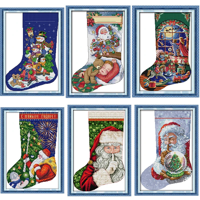 Christmas Stocking Series Stamped Cross Stitch Kit Cartoon Pattern 14CT 11CT Count Printing Embroidery Craft Set Needlework Gift