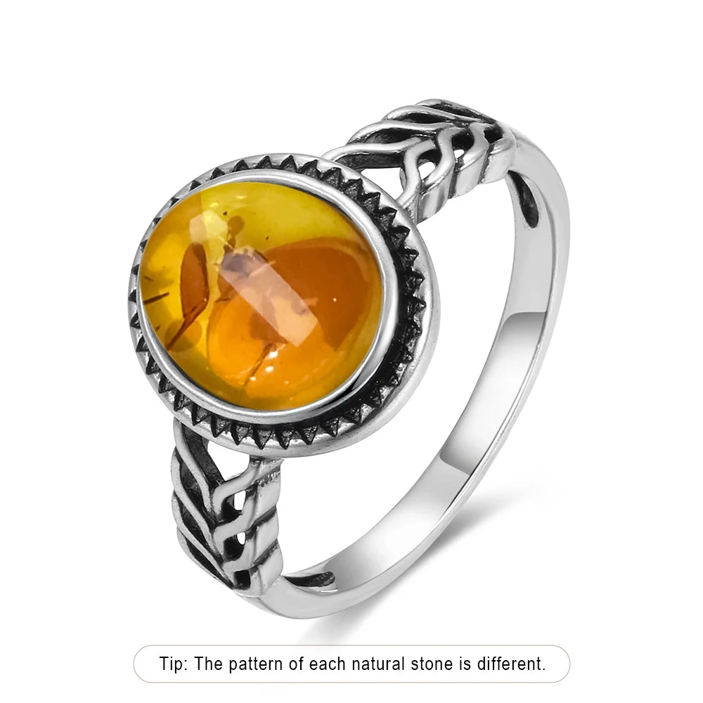 S925 Sterling Silver Ring With Natural Amber Stone Flower Shape Oval Petal Amber Stone Gifts Fine Jewelry For Women