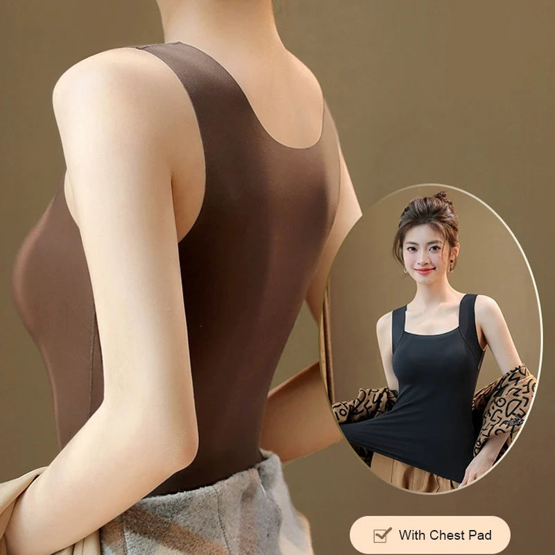 For 40-90kg Autumn Seamless Plus Size Thermal Vest With Build-in Bra For Women Fixed Cup Beauty Skin Tank Tops Square Collar
