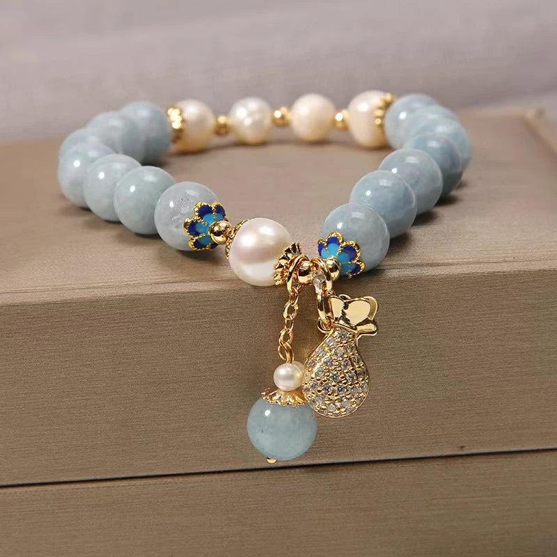 Aquamarine Fu Dai Pearl Bracelet - Chinese Lucky Symbol Jewelry