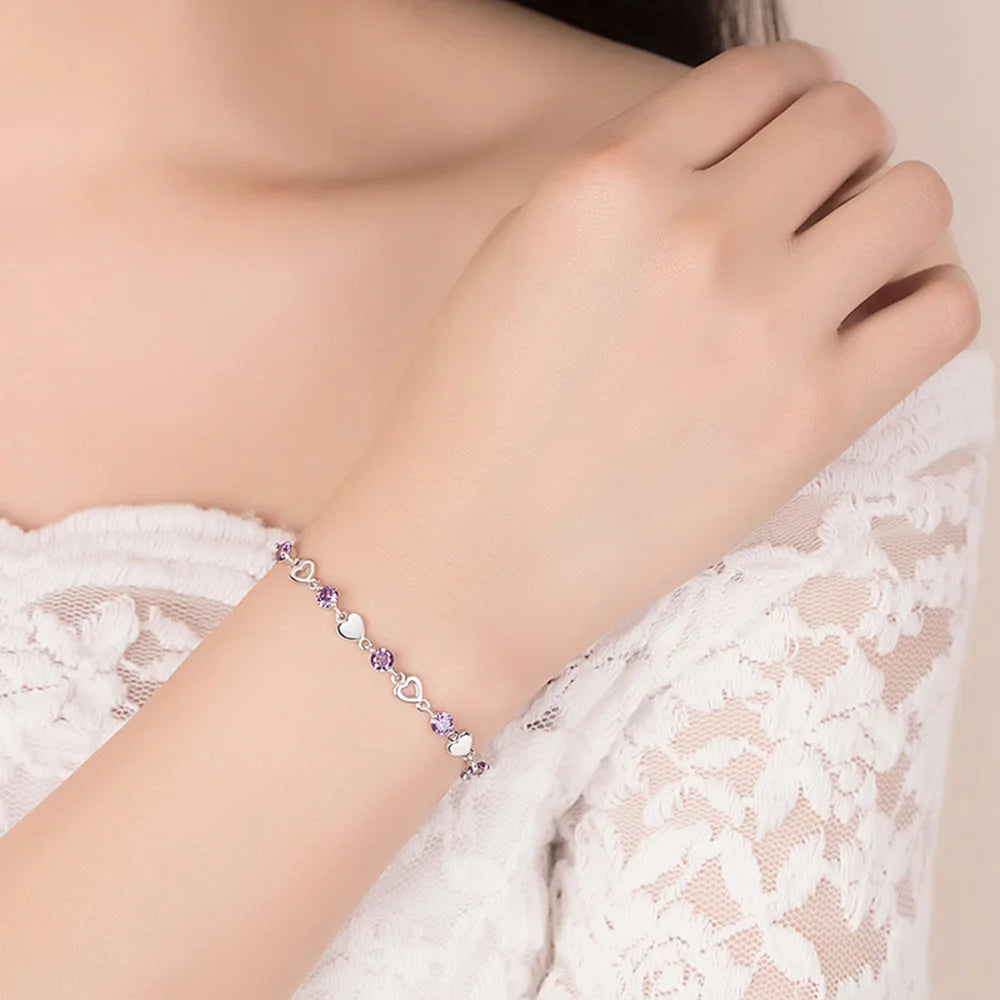 Round Natural Amethyst 925 Sterling Silver Romantic Heart Bracelet for Women Purple Gemstone Statement Jewelry Pulseira De Prata