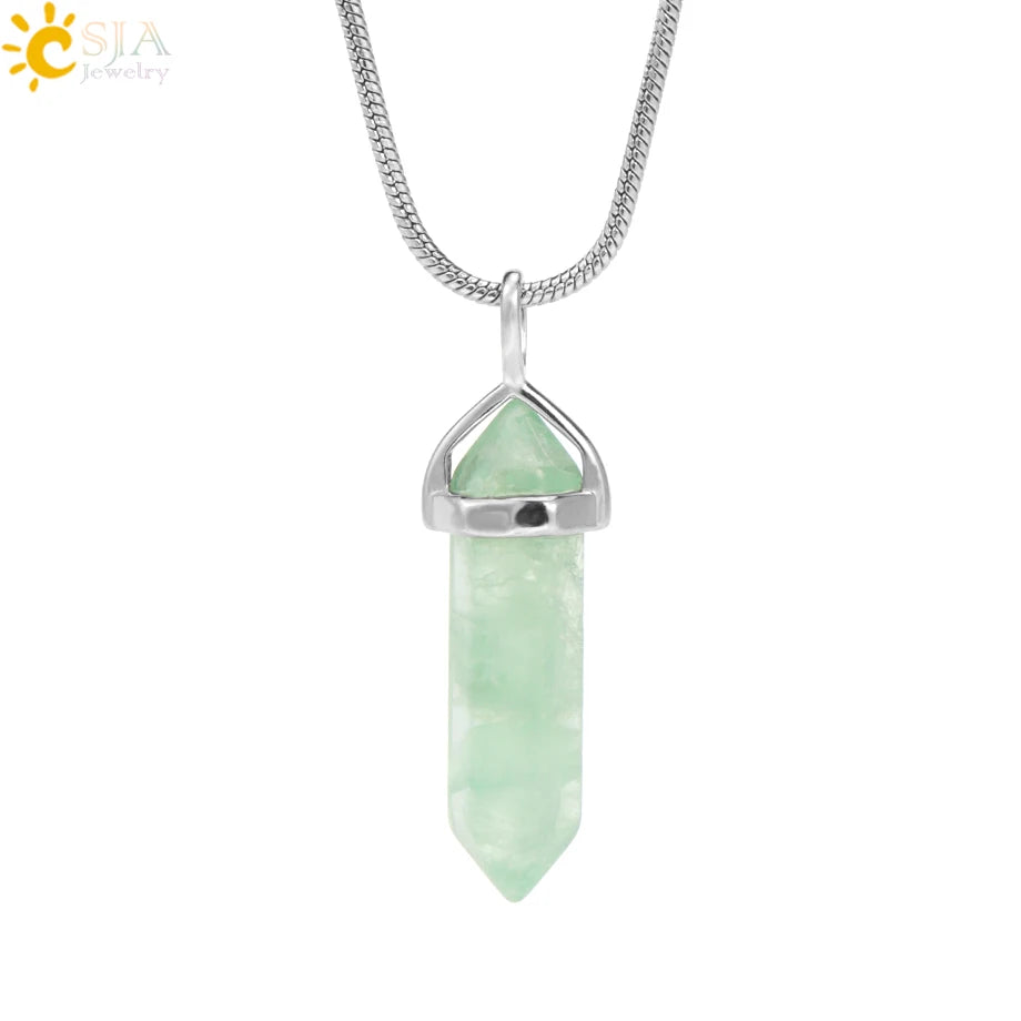 CSJA Fluorite Crystals Necklaces Pendants Suspension Quartz Natural Gem Stone Necklace for Women Hexagonal Reiki Healing G954