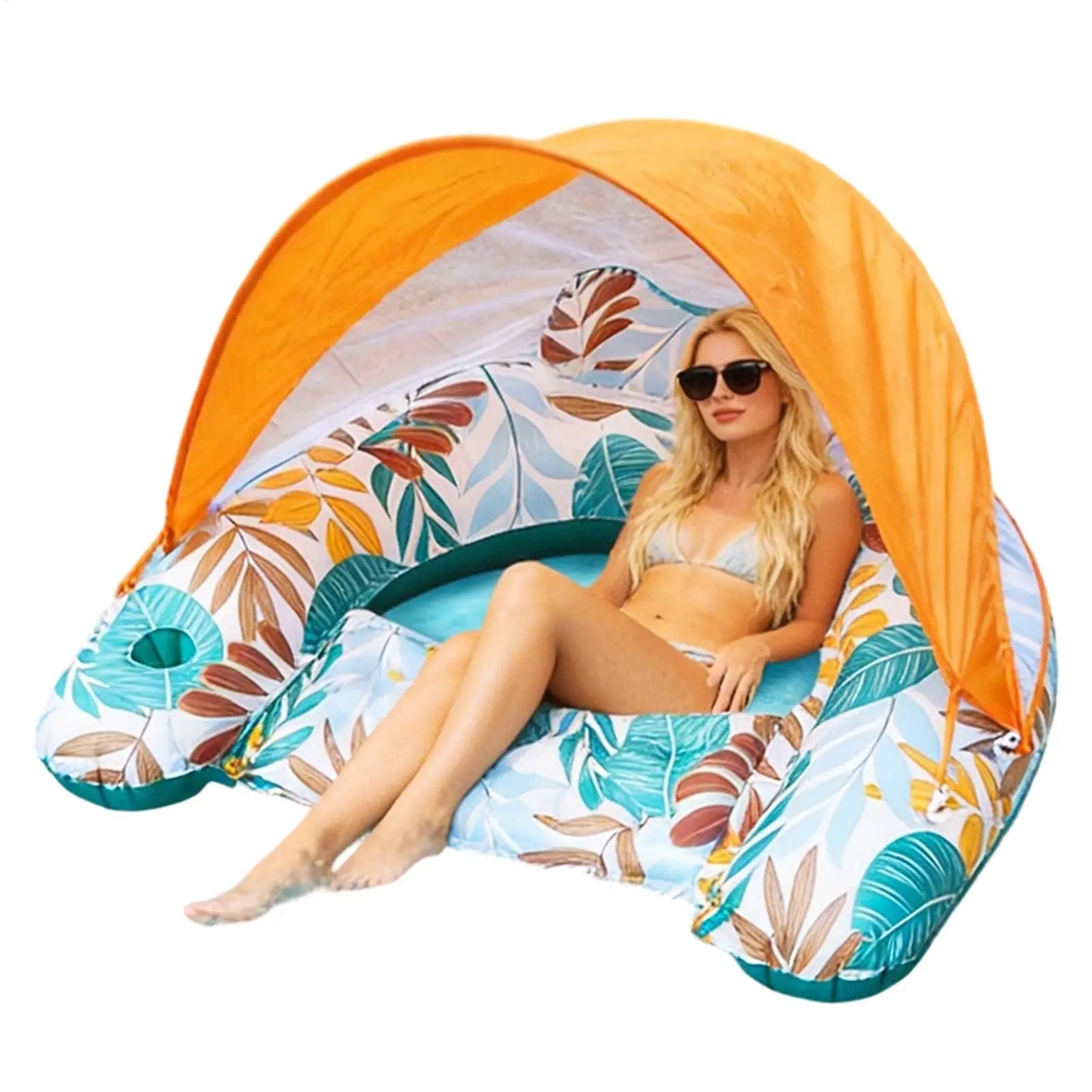 Pool Float with Canopy Blow Up Floating Chair Lounge Swimming Pool Float with Ergonomic Headrest for Summer Beach Vacation
