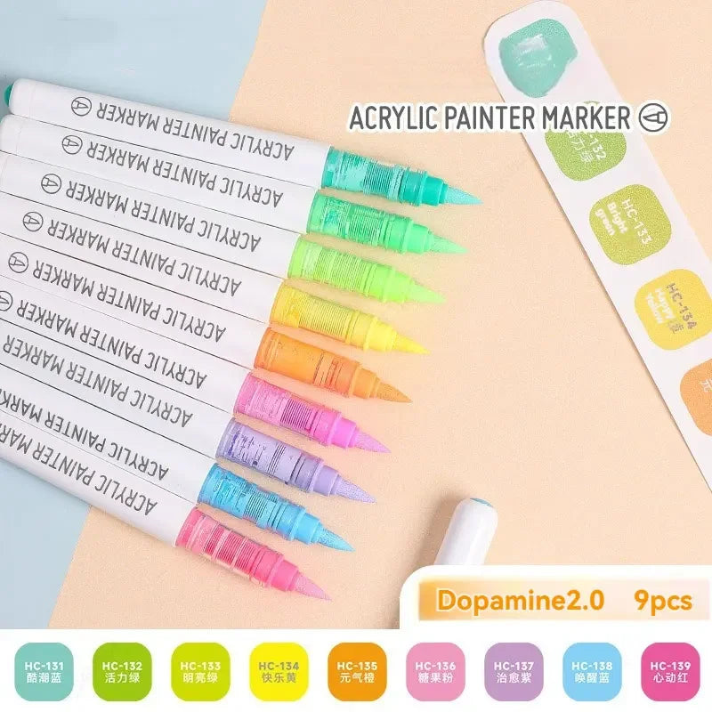 9pcs/Box Mix Color Acrylic Markers Set Art Rock Painting Pens Kids Gift Graffiti For Stone Glass Book Shoes DIY Craft Supplies