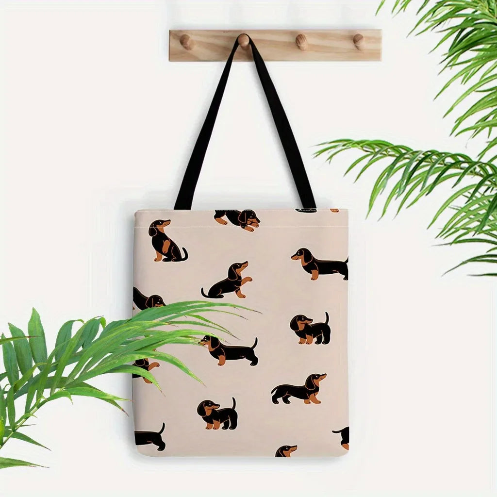 Chic Dachshund Print Tote Bag Large Capacity Casual Shoulder Handbag for Women Sturdy Polyester Reusable Grocery Shopping Bag