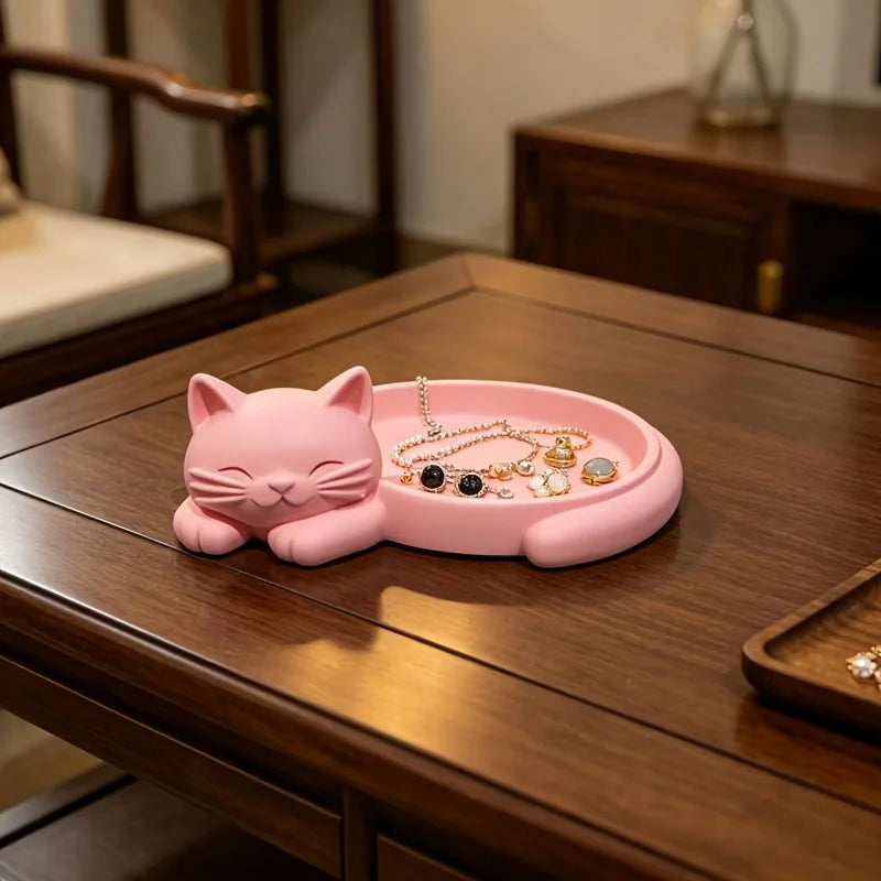 Pink Cat Desktop Organizer Tray,Jewelry Earrings Rings Necklaces S Keys Lipstick Post-It Notes Classification Tray,Jewelry Trays