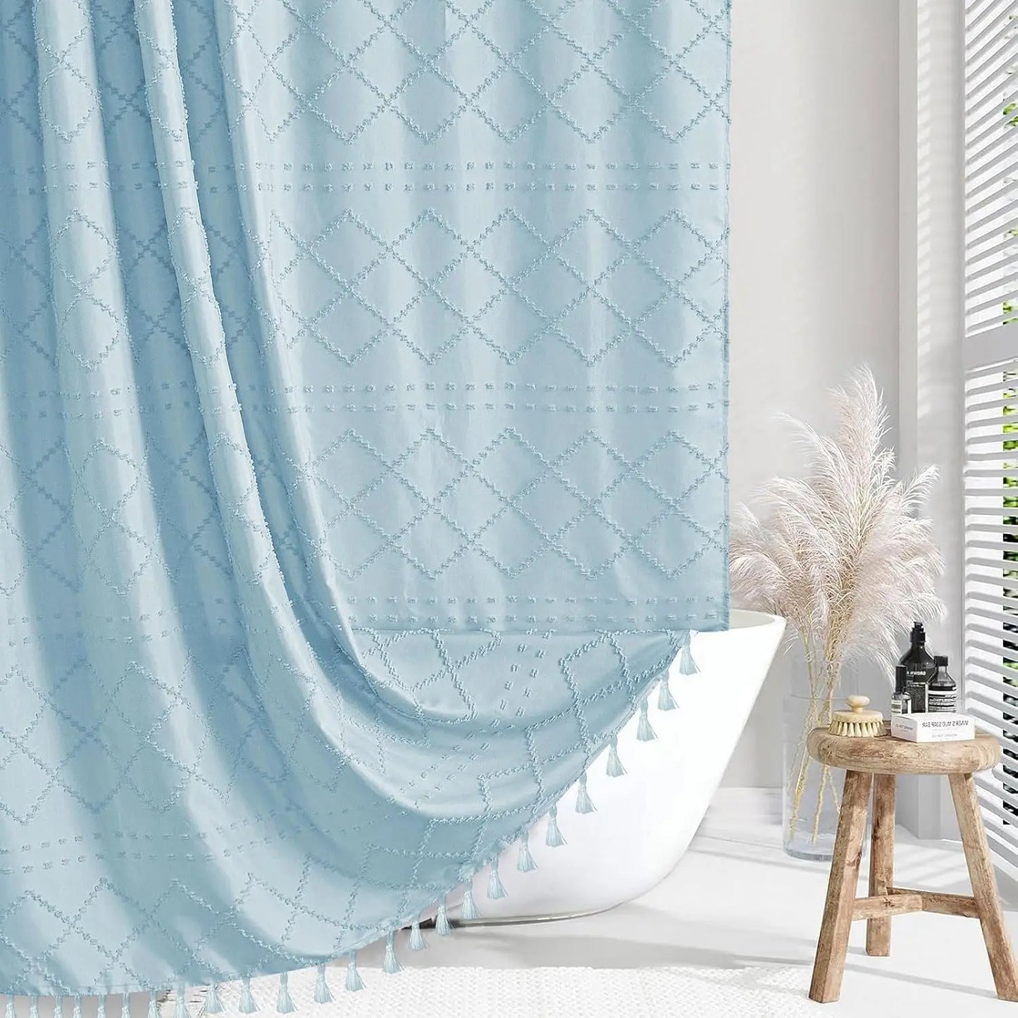 Soft Diamond-Patterned Shower Curtain - Waterproof  Fabric with Boho Tassels,12 Plastic Hooks Included for Modern Bathroom