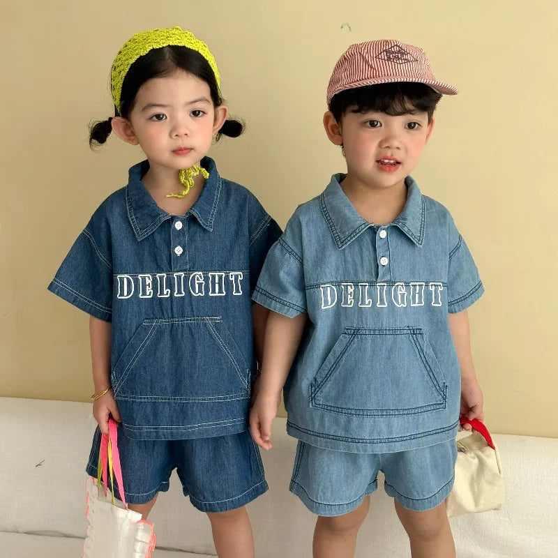 Childrens Summer Denim Set 2026 New Summer Clothes for Girls Loose and Casual Boys Short Sleeved Shorts Baby Clothes