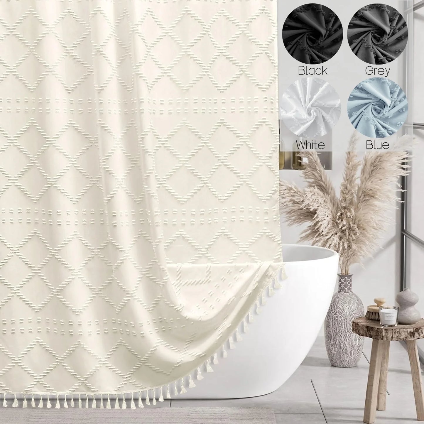 Soft Diamond-Patterned Shower Curtain - Waterproof  Fabric with Boho Tassels,12 Plastic Hooks Included for Modern Bathroom