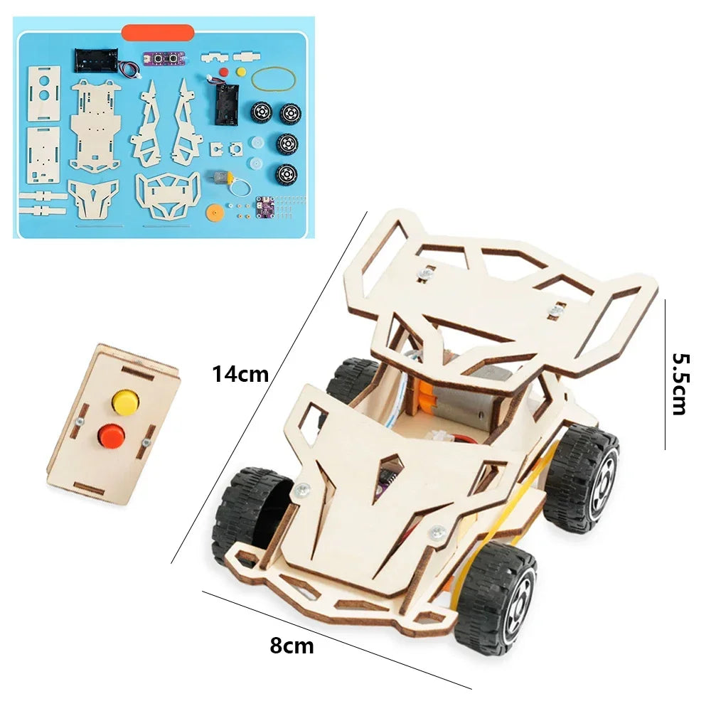 DIY Science Experiment Kits Wooden Remote Control Car Model Wooden Four Wheel Drive Racing Assembling KIDS STEM Educational Toy