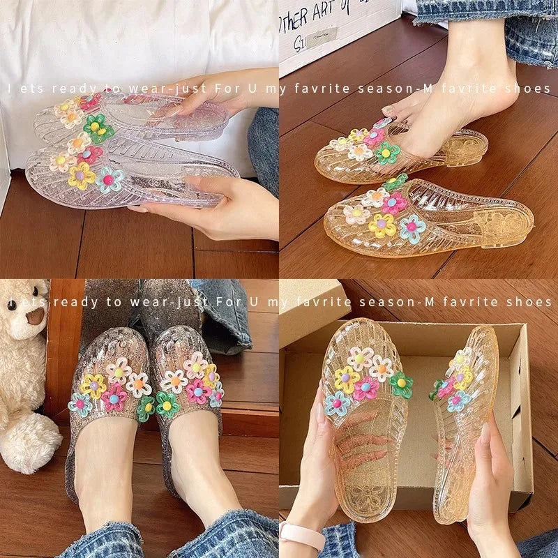 Fashion Women Jelly Slides Sandals Crystal Transparent Beach Slippers Flower Charm Flat Half Shoes Summer Outdoor Casual Sandal